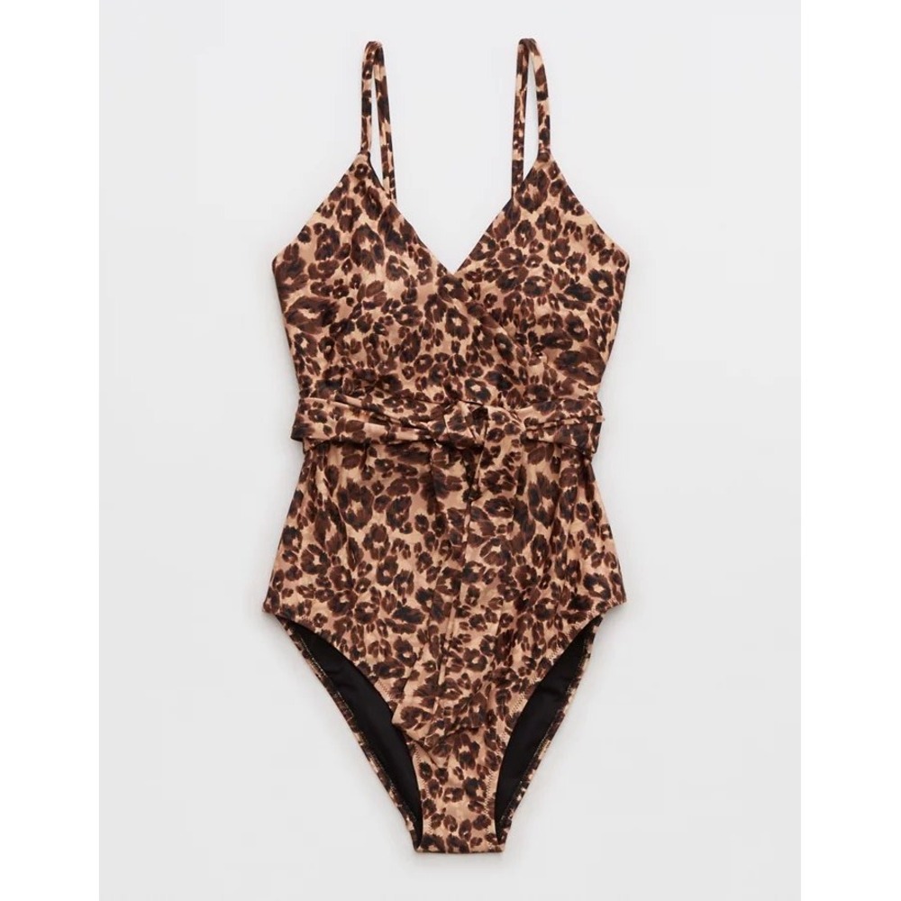 Aerie Swimsuit Leopard Wrap One Piece brown Black Medium
